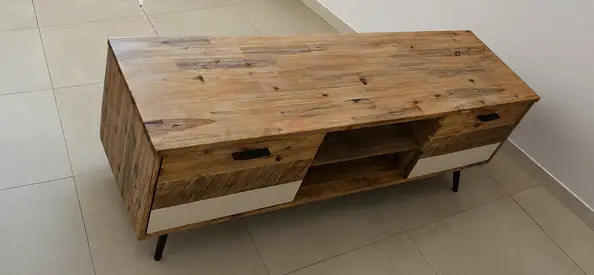 Solid Wood TV Cabinet with Drawers and Open Shelves - Rustic Modern
