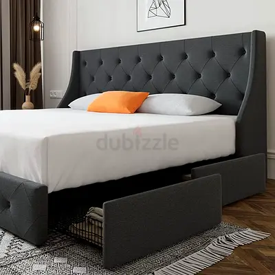 Grey Fabric Upholstered Storage Bed with Tufted Headboard