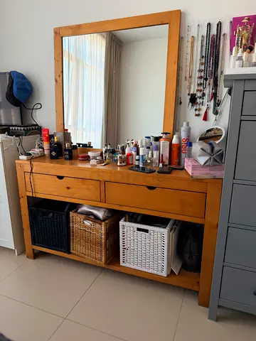 Solid Pine Dressing Table with Large Mirror and Storage Baskets