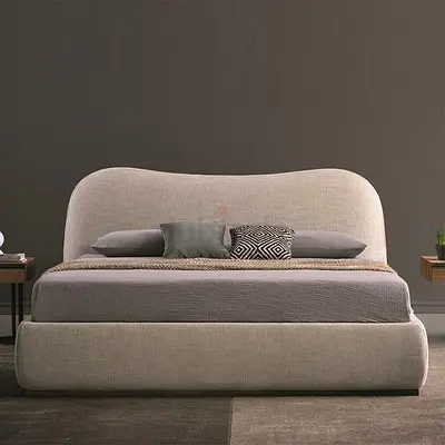 Upholstered Double Bed with Curved Headboard - Neutral Beige