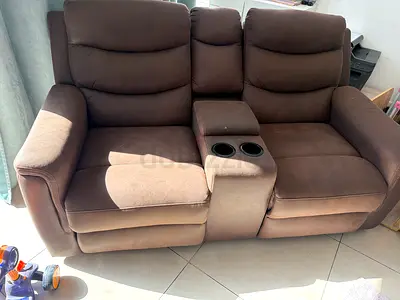 Good condition Brown 2-Seater Recliner Sofa with Center Console and Cup Holders