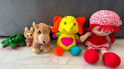 Bundle of 5 Soft Plush Toys — Elephant, Camel, Doll and More