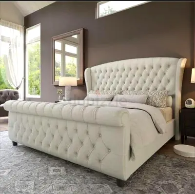Tufted Upholstered queen Size Bed with Rolled Footboard - Cream