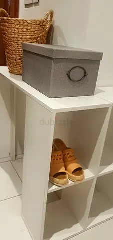 Small White Cube Storage Shelf with Fabric Storage Box and Basket