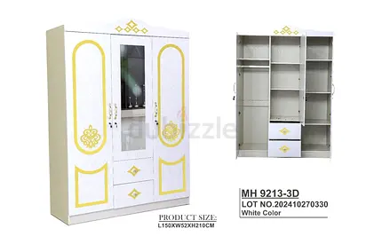 White Three Door Wardrobe with Mirror and Gold Detailing