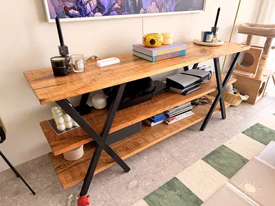 Solid Mango Wood Console Table with Metal X-Frame - Rustic Finish
