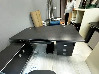 Used L-shaped Office Desk with 3-Drawer Pedestal - Dark Wood Finish