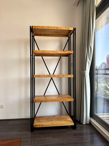 Industrial-style 4-tier wooden shelving unit with metal frame