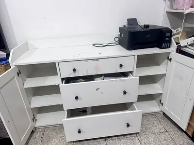 White Wooden Sideboard / Storage Cabinet — 3 Drawers + Shelves