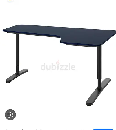 Ergonomic L-shaped Desk — Dark Blue Top, Metal Legs