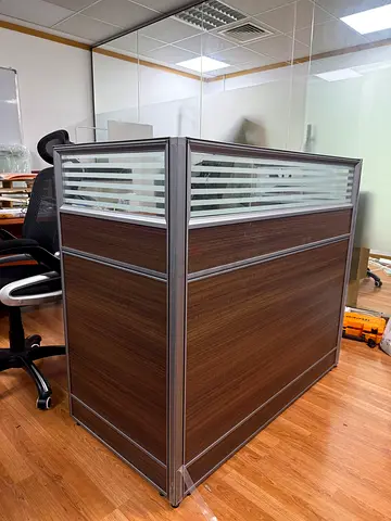 Used Office Reception Desk / Workstation Partition Panel - Dark Wood with Frosted Glass Top