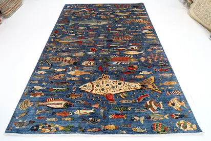 2x3 Modern Blue handmade Rug with Fish Pattern afghan wool carpet living room rug carpet