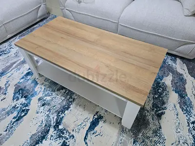 Modern Coffee Table with Wooden Top and White Base