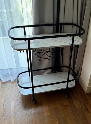 Two-tier Marble-effect Bar/Serving Cart on Wheels - Black Frame