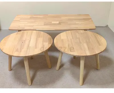 Modern Wooden Coffee Table and Matching Round Side Tables Set