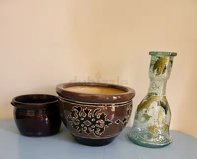 Set of Beautiful DECORATIVE Garden Pots and Glass Vase - Good Condition