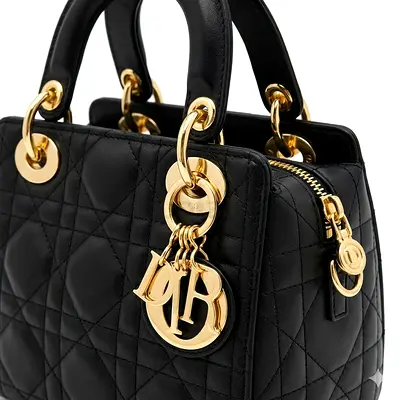 Black Quilted Leather Lady Dior Top-Handle Bag with Gold Hardware