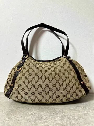 Preloved Gucci Style Abbey shoulder bag in beige monogram canvas with brown leather trim