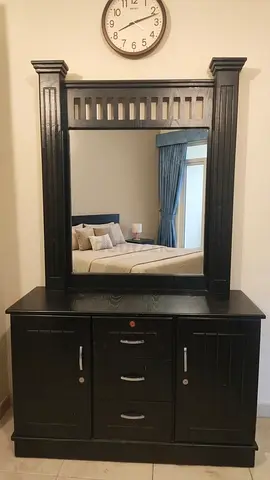 Black Wooden Dresser with Large Mirror - Good Condition