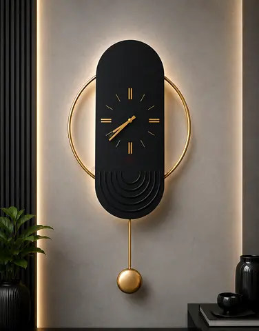 Modern Black  Gold Wall Clock with Pendulum