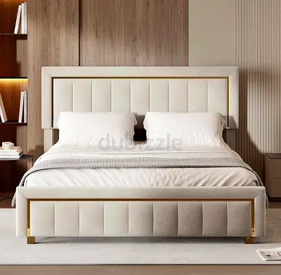 Modern Upholstered Bed Frame with Gold Trim and Channel Tufting