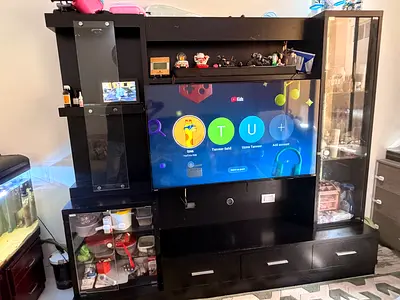 Black Entertainment TV Unit with Glass Display Cabinets - Good Condition