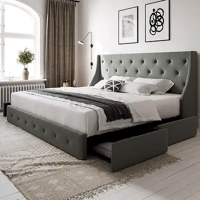 Modern Grey Tufted Bed Frame with Storage Drawers