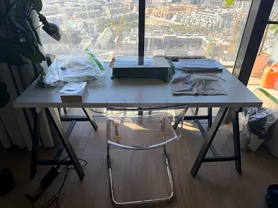 White Minimalist Trestle Desk with Acrylic Chair