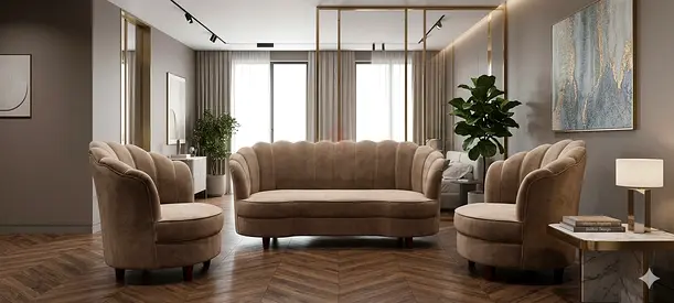 Beige Curved Velvet Sofa Set with Two Accent Chairs