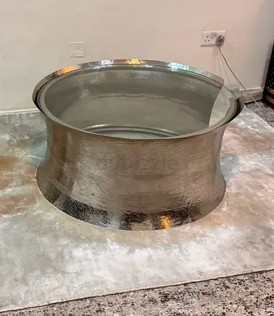 Round Hammered Metal Coffee Table with Glass Top