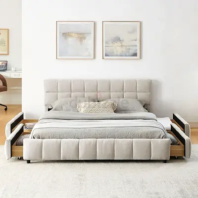 Modern Upholstered Bed Frame with Storage Drawers