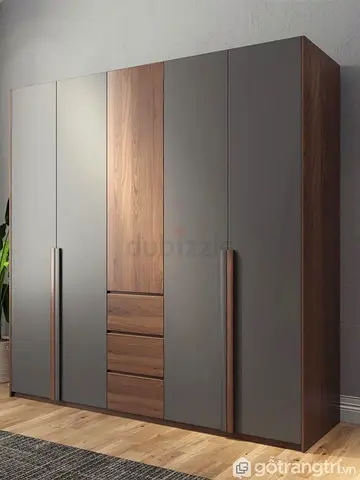 Modern Walnut  Grey 5-Door Wardrobe with Drawers