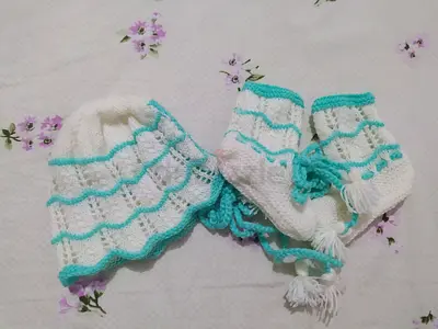 Handmade Knit Baby Hat and Booties Set - White with Teal Trim