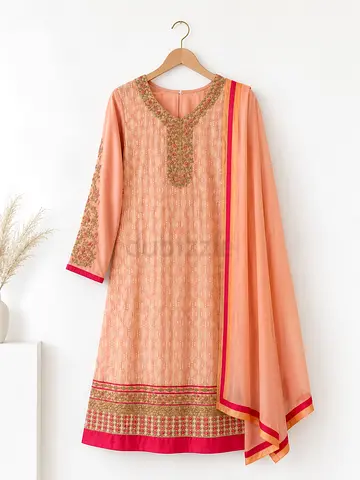 3 Pcs Traditional Indian/Pakistani Women’s XS, Peach Embroidery Shalwar Kameez
