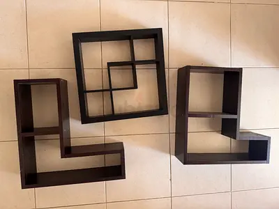 Set of 3 Modern Wall Shelves — Dark Wood Floating Display Units