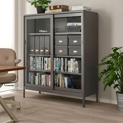 Cabinet with sliding glass doors, dark grey,