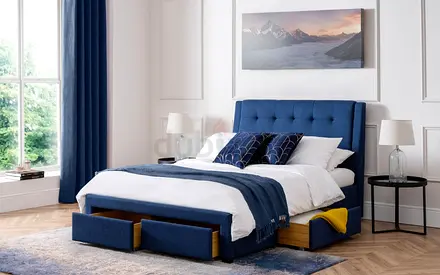 Blue linen upholstered 4 drawers queen bed