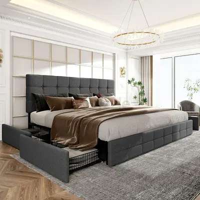 Modern Upholstered Bed Frame with Storage Drawers