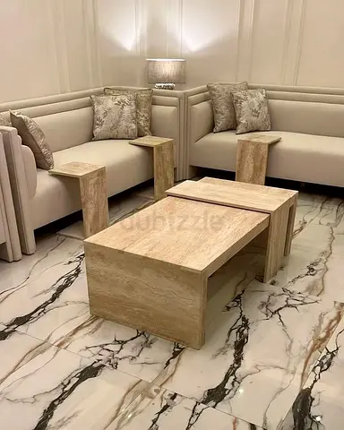 Elegant travertine Coffee Table Set with Contemporary Geometric Layered Design