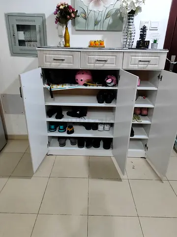 White Multi-Shelf Shoe Cabinet with Drawers — Good Condition