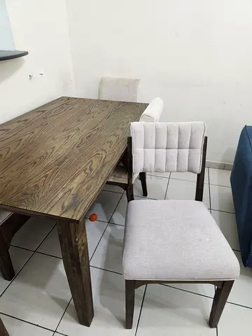 Solid Wood Dining Table with 4 Upholstered Chairs and a bench - Light Beige Seats