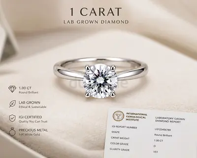 1.00 Ct Lab Grown Diamond Solitaire Ring - 14K White Gold, IGI Certified