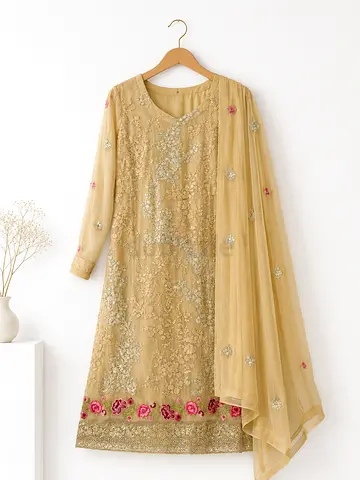 3pcs Traditional Indian/Pakistani Beige Embroidered Shalwar Kameez with Matching Dupatta - Size XS
