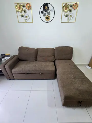 Brown L-shaped Fabric Sofa — used, wear and tear, used for 2 years