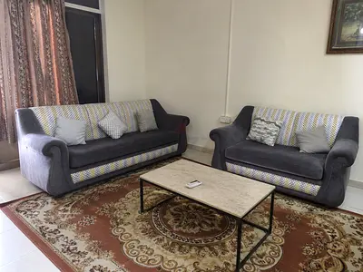 6/7 Seater Grey Fabric Sofa Set with Cushions - Good Condition