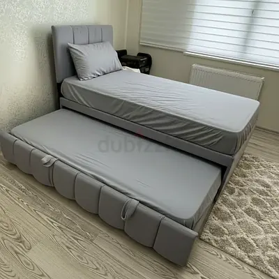 Grey Single Bed with Pull-Out Trundle Mattress - Good Condition