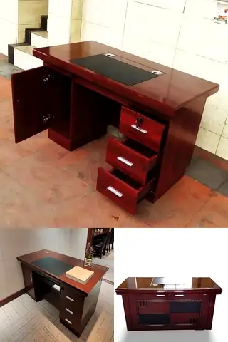 Solid Wood Executive Office Desk with Drawers and Leather Inlay