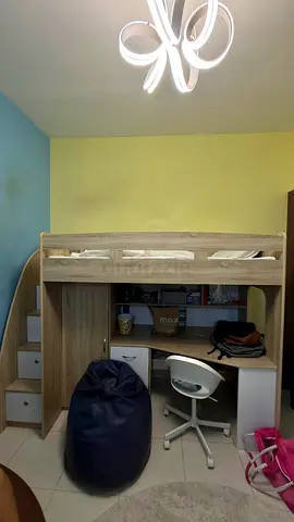 Loft bed with built-in desk, storage stairs and chair - light wood