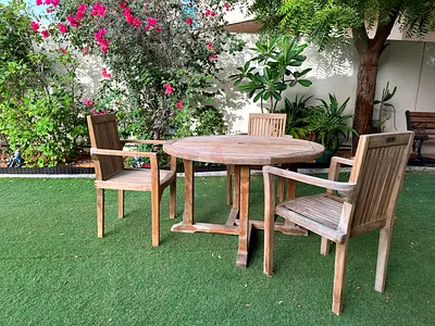 Solid Teak Round Outdoor Dining Table with 3 Armchairs - Weathered Finish