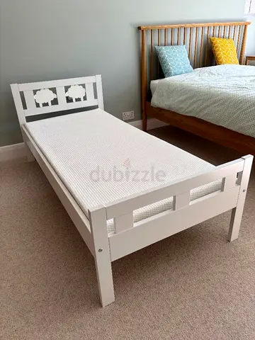 White Wooden Toddler Bed with Mattress - Good Condition